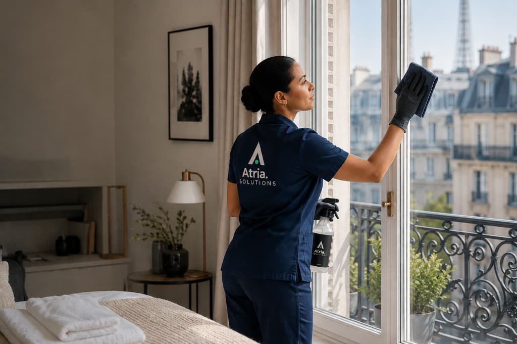 Professionnelle Atria Solutions en uniforme, nettoyage d'un appartement parisien